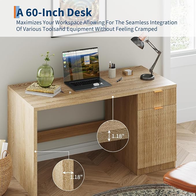 GarveeHome 60" Executive Desk with Storage, Modern Home Office Desk with Drawer & Cabinet, Wood Fluted Computer Desks Workstation Writing Conference Table for Study, Living Room, Bedroom, Natural Oak