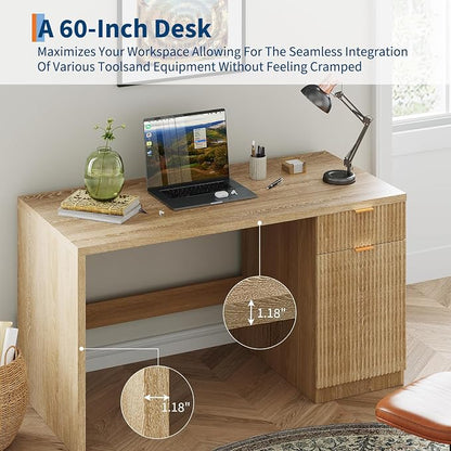 GarveeHome 60" Executive Desk with Storage, Modern Home Office Desk with Drawer & Cabinet, Wood Fluted Computer Desks Workstation Writing Conference Table for Study, Living Room, Bedroom, Natural Oak