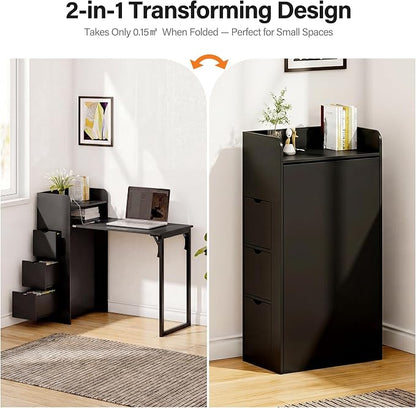 LAUSAINT HOME Wall Mounted Foldable Desk, Space Saving Hidden Desk with Storage & Power Outlet, Fold Out Table for Small Spaces, Home Office Bedroom (Black)