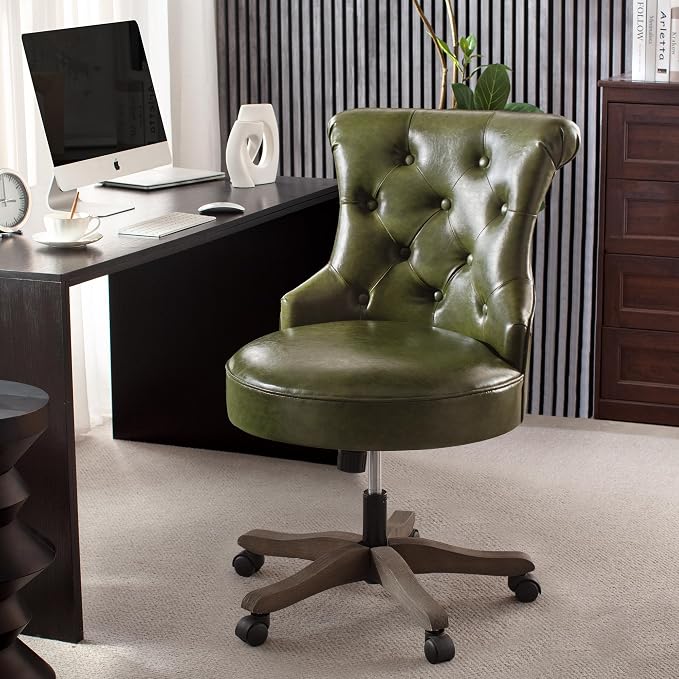 HUIMO Home Office Chair Upholstered Armless PU Leather Desk Chair with Wheels Adjustable Height Computer Desk Chair with Wooden Legs Comfortable Swivel Chair for Study Studio (Dark Green)