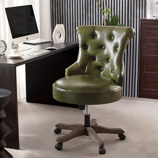 HUIMO Home Office Chair Upholstered Armless PU Leather Desk Chair with Wheels Adjustable Height Computer Desk Chair with Wooden Legs Comfortable Swivel Chair for Study Studio (Dark Green)