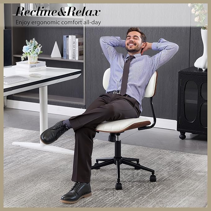 Modern Walnut Home Office Chair，Adjustable Height Desk Chair with Wheels，Armless Computer Chair for Office, Reading Meeting Room, White