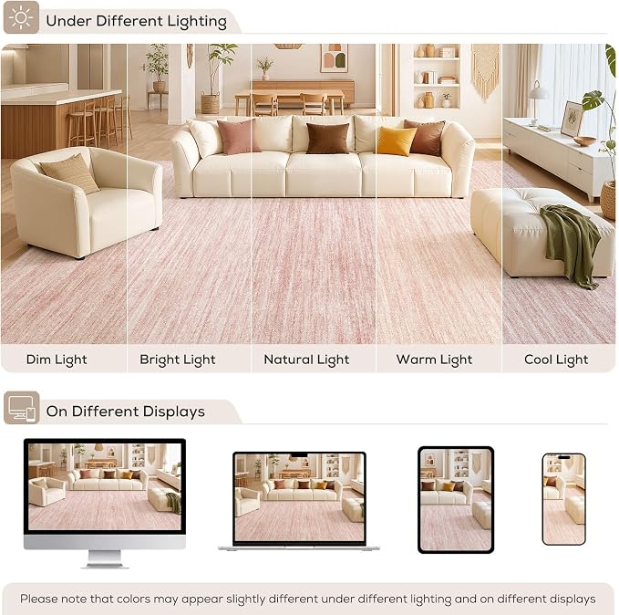 Nakagishi 6X8 Area Rugs Living Room: Washable Large Vintage Rug Neutral Non-Slip Soft Stain Resistant Indoor Carpet for Bedroom Nursery Dining Room Office Playroom - Pink