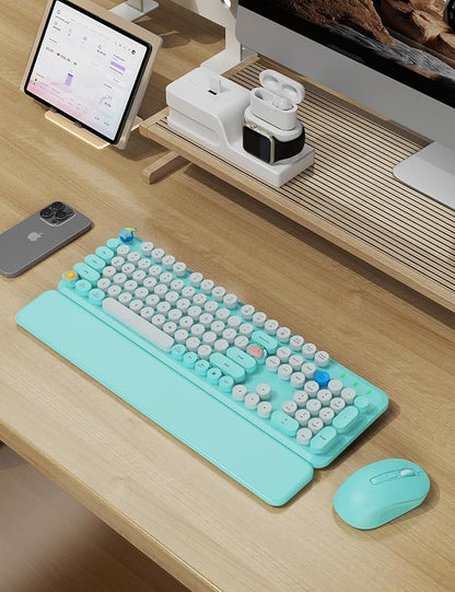 Wireless Keyboard and Mouse Combo - Cute Typewriter Keyboard with Detachable Wrist Rest, Retro Round Keycaps, Foldable Legs, 2.4GHz Full-Size for PC, Laptop, Windows - Trueque (Glacier Blue)