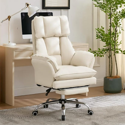 Cloud Cross Legged Office Chair with Footrest,Leather Big and Tall Executive Ergonomic Chair, Flip Armrests for Pets,155° Reclining Computer Wide Desk Chair for Home,Office (Beige)
