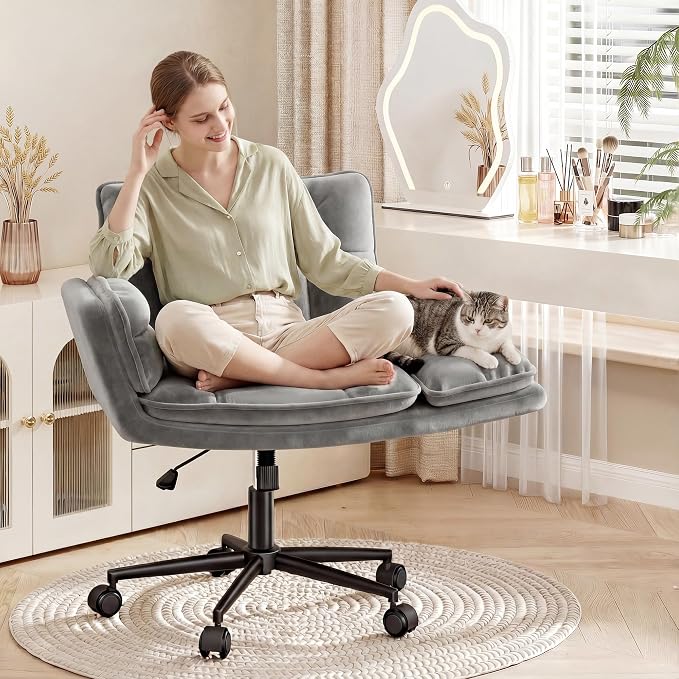 Criss Cross Chair with Wheels, Ergonomic Office Chair with Adjustable Armrests, Vanity Chair with Back for Bedroom, Makeup Room and Office Room, Grey