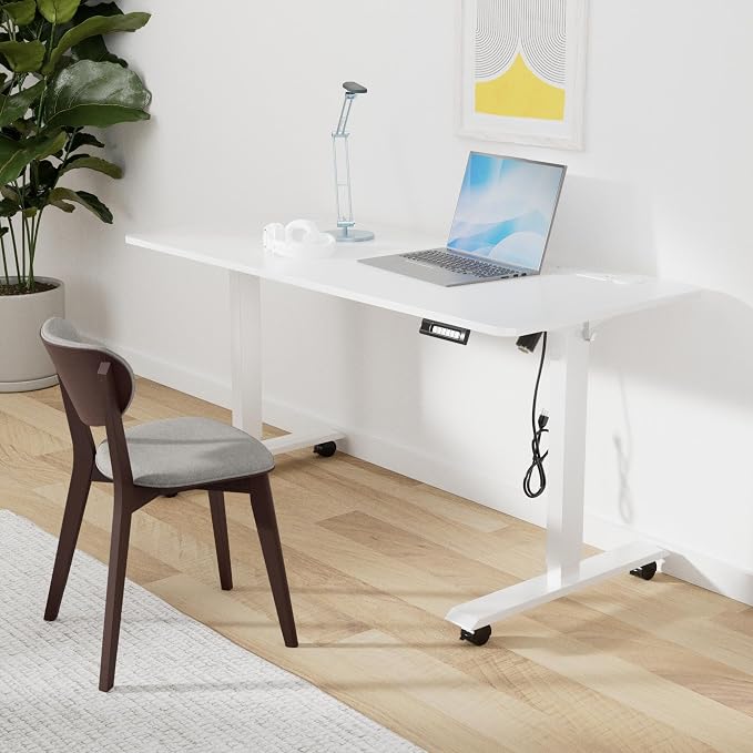 Electric Standing Desk with Power Outlets and USB-C Port, 55 x 24 Inches Adjustable Height Sit Stand Up Desk for Home Office, Adjustable Desk with Memory Preset and Wheels, White