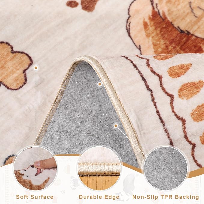 DUKINO 2.6x8 Washable Runner Rug for Hallway, Non Slip Animal Dog Kitchen Rug with Low Pile Design, Soft Stain Resistant Indoor Carpert Runner for Entryway, Bedroom, Laundry, Bathroom, Beige Yellow
