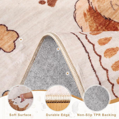 DUKINO 2.6x8 Washable Runner Rug for Hallway, Non Slip Animal Dog Kitchen Rug with Low Pile Design, Soft Stain Resistant Indoor Carpert Runner for Entryway, Bedroom, Laundry, Bathroom, Beige Yellow