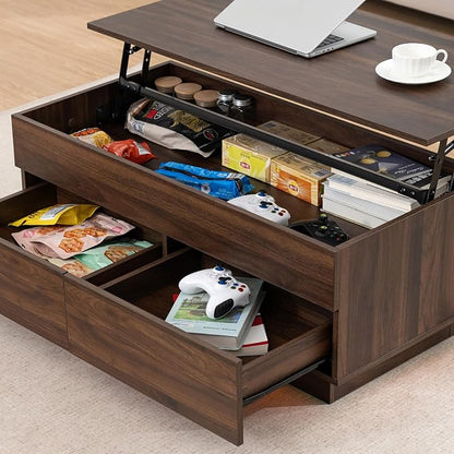 HOMMPA 40'' Lift Top Coffee Table for Living Room, Walnut Coffee Tables with Storage, LED Modern Coffee Table Rectangular Wooden Gloss, Flip Top Center Table with 2 Drawers and Hidden Compartment
