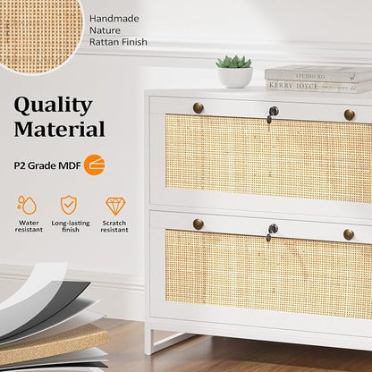 VINGLI White & Natural Rattan 2 Drawer Lateral File Cabinet with Lock, Wood Locking File Cabinets for Home Office, File Cabinet Printer Stand for Hanging Letter/Legal Size Folders, 30W x 16D x 28H