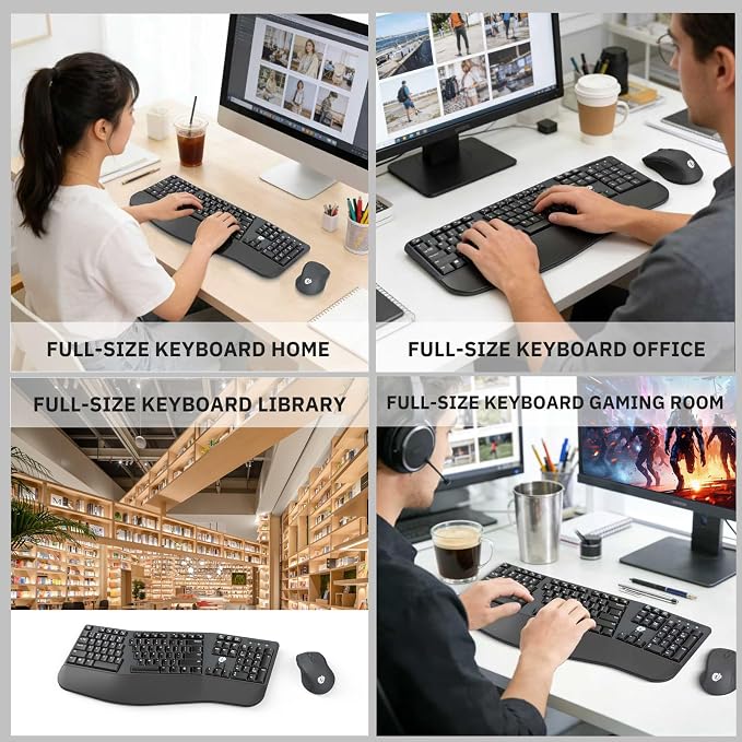 Ergonomic Wireless Keyboard and Mouse Combo, 2.4GHz USB Full Size Keyboard with Wrist Rest and 3 Level DPI Adjustable Wireless Mouse for PC and Laptop Use - Black