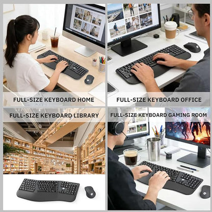 Ergonomic Wireless Keyboard and Mouse Combo, 2.4GHz USB Full Size Keyboard with Wrist Rest and 3 Level DPI Adjustable Wireless Mouse for PC and Laptop Use - Black