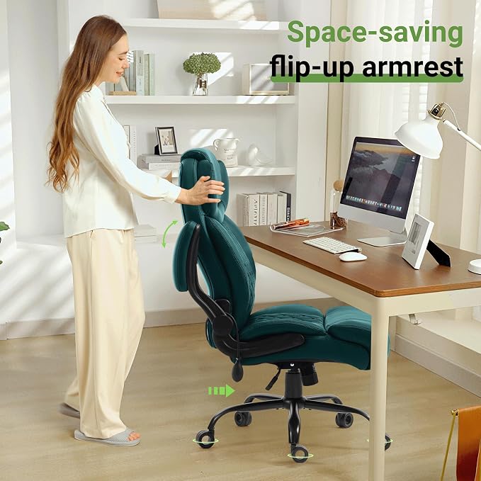 Office Chair, Big and Tall Executive Chairs with Lumbar Support for Back Pain,Breathable Desk Computer Chair with Adjustable Flip-up Armrests,Wide Cushion Swivel Home Office Chair Green PU
