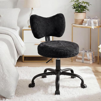Homkdom Vanity Chair with Wheels, Cute Desk Chair with Bow Backrest, Fluffy Faux Rabbit Fur Small Office Chair for Vanity, Make-up Room, Bedroom, Dorm, Height Adjustable, Black