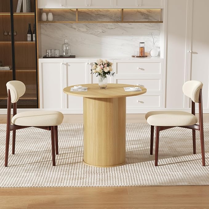 31.5 inch Round Dining Table for 2, Small Dinner Table with 2-Layer Storage Shelf, Morden Circle Kitchen Table with Wood Strip Base and Slide Door for Home Dining Room, Living Room, Natural