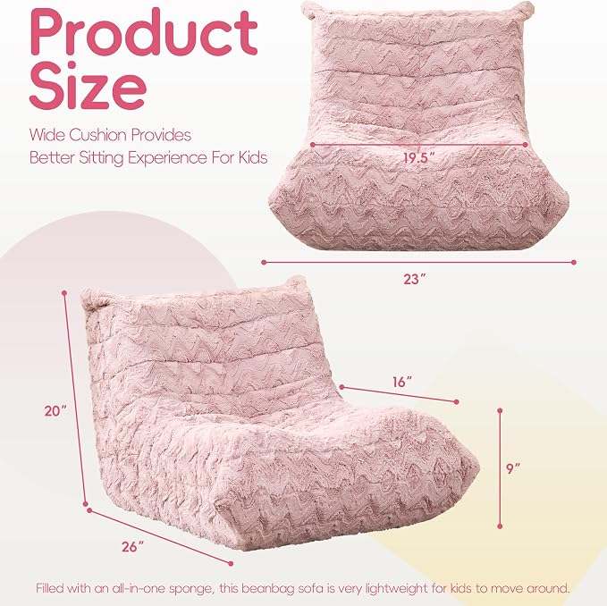 Hobestluk Small Bean Bag Chair Faux Fur Fabric BeanBag Couch for Playroom | Pink Chevron,Ergonomic Design,Memory Foam,Strong Supportive,No Assembly Required,Decorative Style for Living Room Bedroom