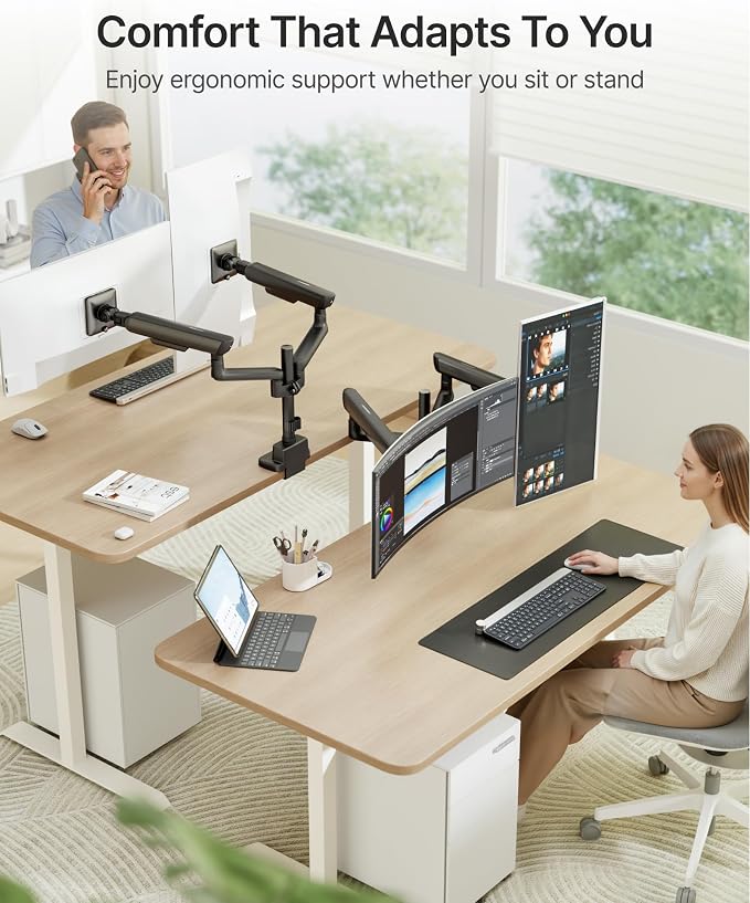 monTEK Extra Tall Dual Monitor Arms with USB, Mechanical Spring Desk Mount for 17 to 35 Inch 2 Screens, Smooth Precision Bearings, Holds up to 26.4 lbs Per Arm, C-Clamp/Grommet Base, VESA 75/100mm