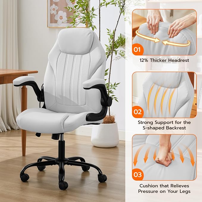 Ylzyxal Office Desk Chair, Ergonomic Computer Chair with Padded Flip-Up Arms and Adjustable Lumbar Support, PU Leather Executive Chair with Tilt Lock and 360° Swivel Rolling Wheels for Work, Study