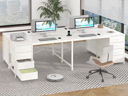 YOMILUVE 95'' Two Person Desk with 8 Drawers, Long Computer Desk with Charging Station, 2 Person Desks Double Desk Writing Study Table for Home Office, White