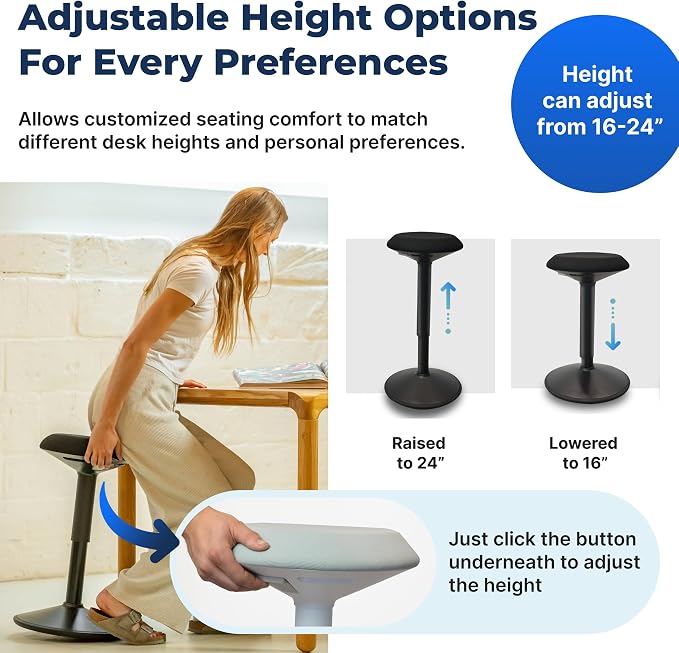 Backerz Standing Desk Stool Chair, Height Adjustable 16-24 inch for Office and Classroom, Swivel Base, Anti-Slip Bottom Ergonomic Wobble Stool with Rocking Motion, White