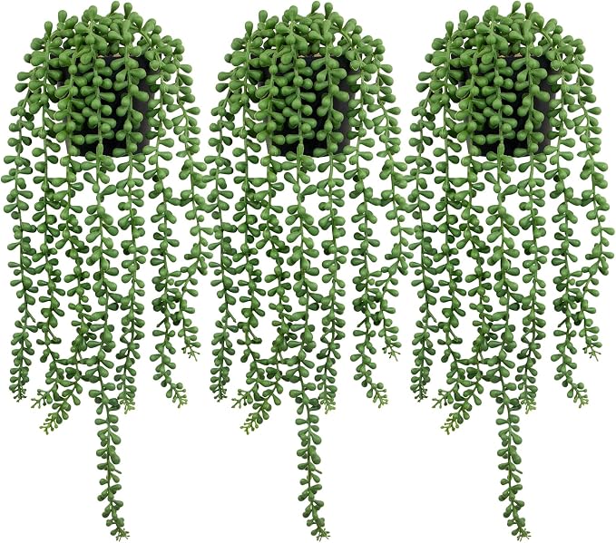 LOYWREE 3Pcs Fake Plants Indoor Artificial String of Pearls Plant in Black Pots, Realistic Green Faux Succulent Hanging Plants for Shelf Decor Desk Home Garden Decorations