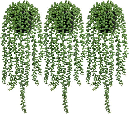 LOYWREE 3Pcs Fake Plants Indoor Artificial String of Pearls Plant in Black Pots, Realistic Green Faux Succulent Hanging Plants for Shelf Decor Desk Home Garden Decorations