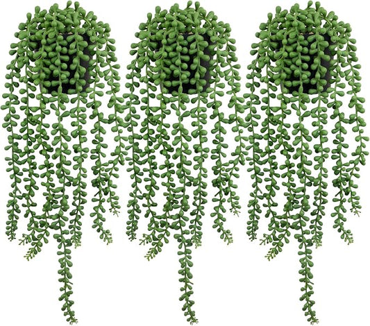 LOYWREE 3Pcs Fake Plants Indoor Artificial String of Pearls Plant in Black Pots, Realistic Green Faux Succulent Hanging Plants for Shelf Decor Desk Home Garden Decorations