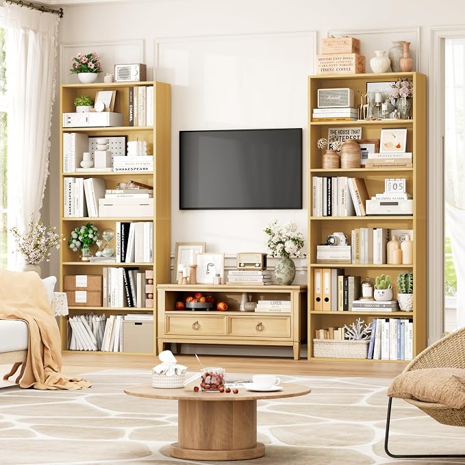 FOTOSOK 6-Tier Open Bookcase and Bookshelf, Freestanding Display Storage Shelves Tall Bookcase for Bedroom, Living Room and Office,Natural Set of 2