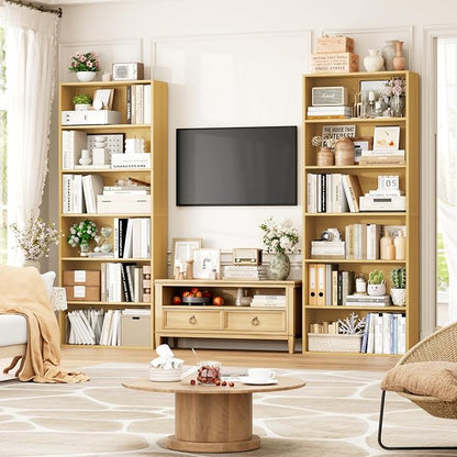 FOTOSOK 6-Tier Open Bookcase and Bookshelf, Freestanding Display Storage Shelves Tall Bookcase for Bedroom, Living Room and Office,Natural Set of 2