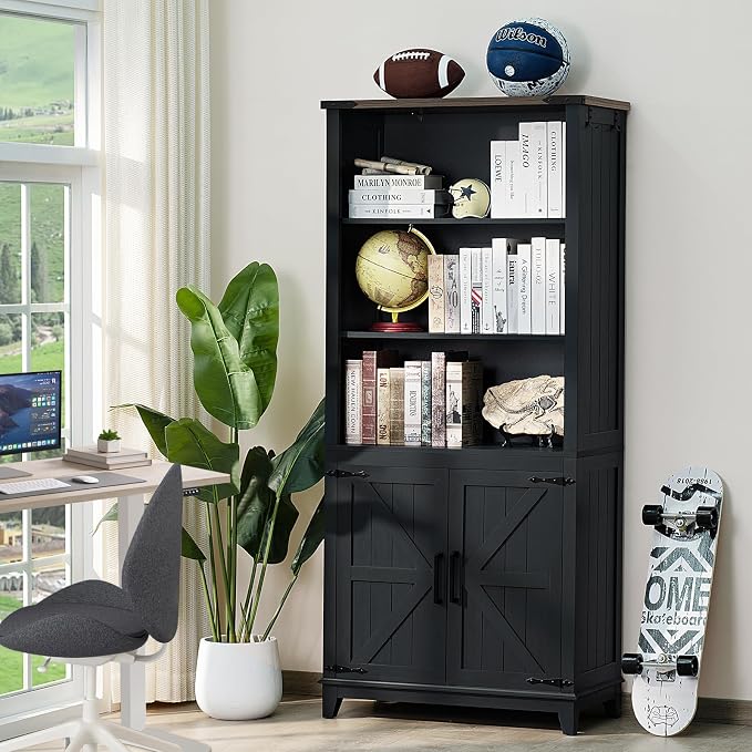 Joaxswe 70in Tall Bookshelf 5 Tier Bookcase with Barn Doors and Adjustable Shelves, Black Farmhouse Book Shelf with Storage Cabinet, Wood Freestanding Display Bookshelves for Bedroom, Kitchen (2PCS)