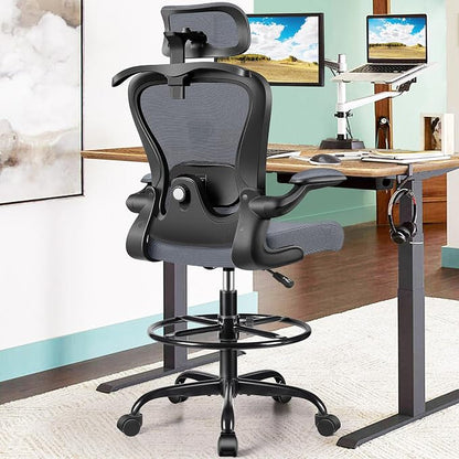 Drafting Chair, Tall Office Chair with 3D Lumbar & Head Support, Ergonomic Mesh Standing Desk Chair with Footring, Comfy Extended High Desk Chair with Flip-Up Arms & Hanger,Dark Gray