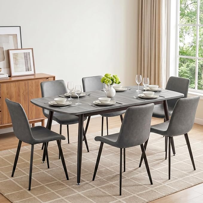 HIPIHOM 7-Piece Extendable Dining Table Set for 6, 55.1" to 70.87" Expandable Kitchen Table with 6 PU Leather Dining Chairs, Modern Wood Grain Top Furniture Set for Dining Room