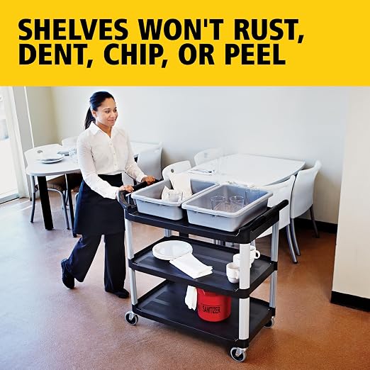 Rubbermaid Commercial Products Heavy Duty 3-Shelf Rolling Service/Utility/Push Cart, 300 lbs. Capacity, Black, for Restaurant/Cleaning/Office use (FG409100BLA)