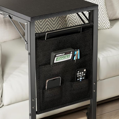 Folding C Shaped End Table, Small Folding Side Table with Storage Bag, Portable TV Tray for Couch, Sofa, Bed, Black