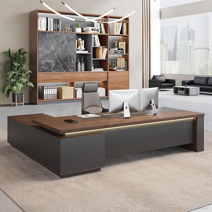 71" Reversible L-Shaped Executive Desk with Locking Drawers, Office Desk for Home and Manager Office, Power Outlet, USB Ports, Storage Shelves, Privacy Panel and LED Light, Walnut Gray