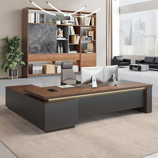 71" Reversible L-Shaped Executive Desk with Locking Drawers, Office Desk for Home and Manager Office, Power Outlet, USB Ports, Storage Shelves, Privacy Panel and LED Light, Walnut Gray