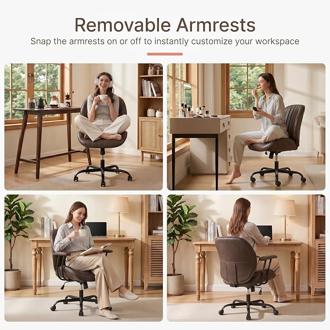KISLOT Ergonomic Home Office Chair with Removable Arms, Adjustable Swivel Desk Chair with Wheels, Modern Faux Leather Computer Chair with Lumbar Support, Espresso