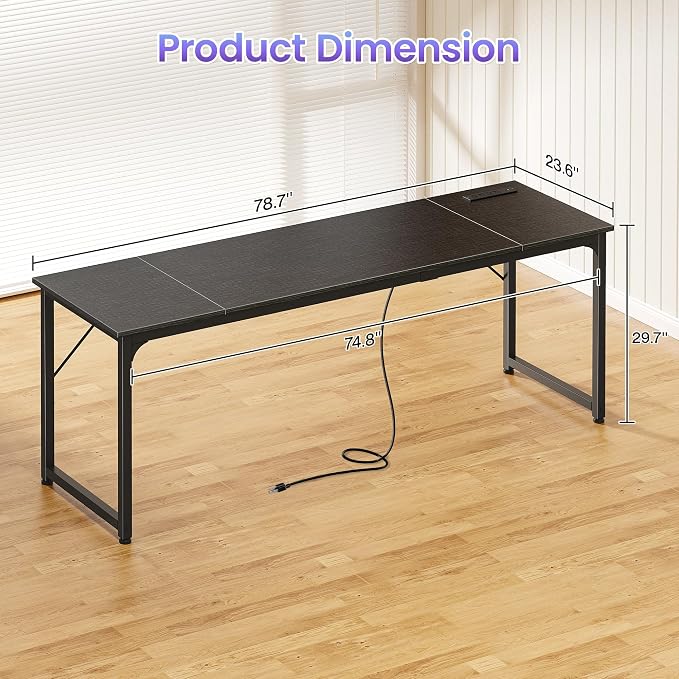 PRAISUN 80 X 24 Inch Office Computer Desk with Power Outlets and USB-C Port, Larger and Longer Gaming Desk, for Home Office, Study, Writing Work from Home Table, Metal Frame, Black