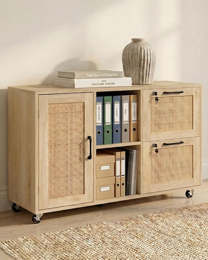 Lateral File Cabinets for Home Office, 2 Drawer and Doors Filing Cabinet with Lock, Wide Rattan Filing Organization Storage Cabinets with Printer Stand for Hanging Files/A4/F4 Size, Natural Wood