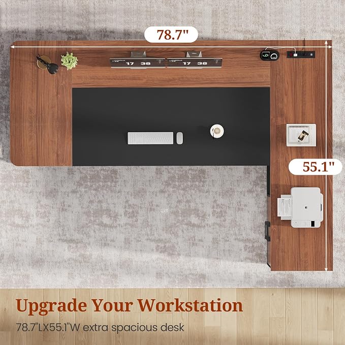 UPOSOJA 78.7" Executive Desk, Large Office Desk with Drawers & Storage Shelves, Modern L Shaped Computer Desk Corner Desk with Power Outlets, File Cabinet, Business Furniture Desk Workstation (Walnut)