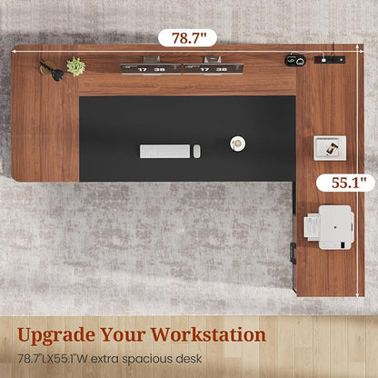 UPOSOJA 78.7" Executive Desk, Large Office Desk with Drawers & Storage Shelves, Modern L Shaped Computer Desk Corner Desk with Power Outlets, File Cabinet, Business Furniture Desk Workstation (Walnut)