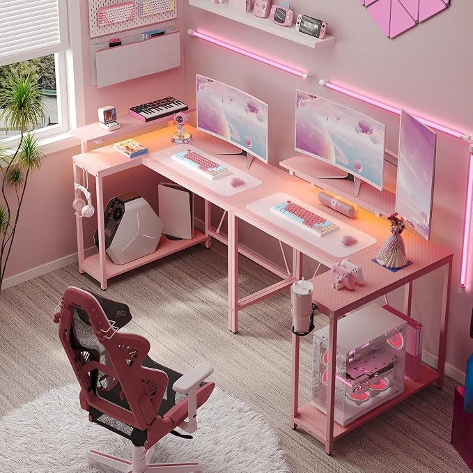 Pinmoco 42" Reversible Small L-Shaped Gaming Desk with LED Lights, Pink | corner desk fits small spaces, monitor stand, cup holder, headset hook, carbon fiber surface, for gaming and home office