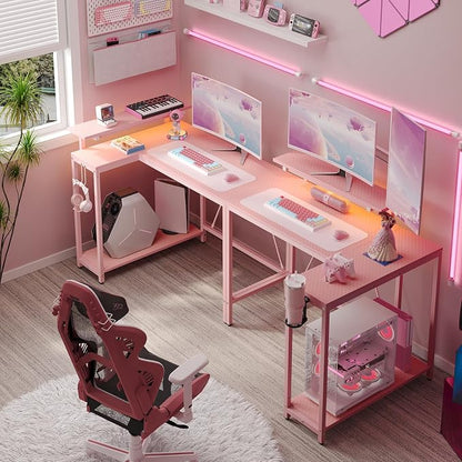 Pinmoco 42" Reversible Small L-Shaped Gaming Desk with LED Lights, Pink | corner desk fits small spaces, monitor stand, cup holder, headset hook, carbon fiber surface, for gaming and home office