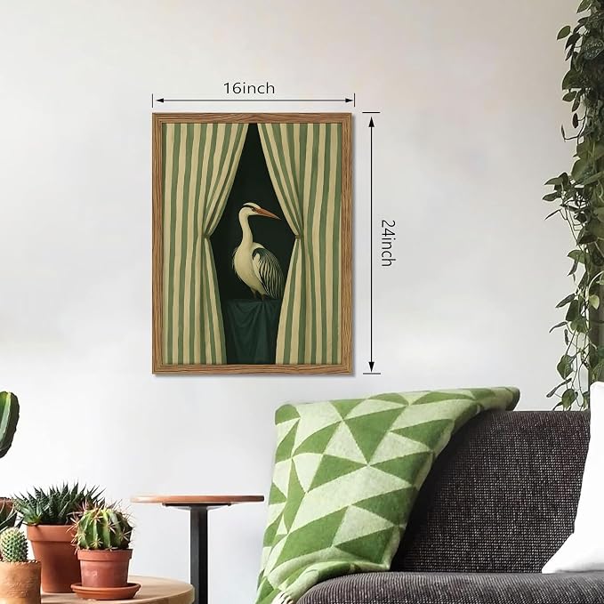 Framed Curtain Crane Canvas Wall ArtFramed Bird Wall Art, Elegant Heron Canvas Print, Vintage Coastal Bird Wall Decor, Abstract Heron Painting, Striped Curtain Picture Poster Artwork for Living Room Bedroom 16x24 inch