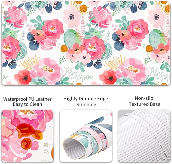 QIYI Leather Desk Mat Set, 4-in-1 Large Mouse Pad with Ergonomic Wrist Rest, Waterproof Desk Pad + Keyboard Wrist Rest + Mouse Wrist Support + Coaster, Non-Slip Office Gaming Accessories, Pink Flowers
