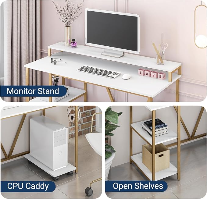 Techni Mobili Computer Desk - Industrial Writing Desk with Storage Shelves, Monitor Stand, & Accessory Holder - Home Office Laptop Computer Table with CPU Caddy & 2-Tier Small Bookshelf Space