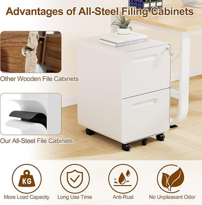 2 Drawers Metal Filing Cabinet with Lock, with 25 File Folders, Mobile Vertical Cabinet with Fully Assembled Except Casters, for Home Office, White