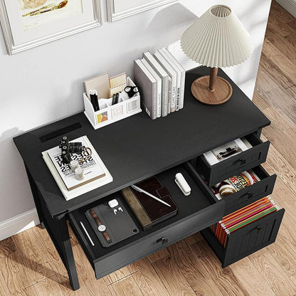 Farmhouse Executive Desk 45 inch Computer Desk with 4 Drawers, Smart Charging Station, Home Office & Study Room Essential for Remote Workers, Professionals & Students, Black