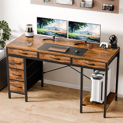55" Computer Desk with 6 Drawers, Home Office Gaming Desks with Storage Shelves for Bedroom, Writing Study Corner Living Room Work Table Brown